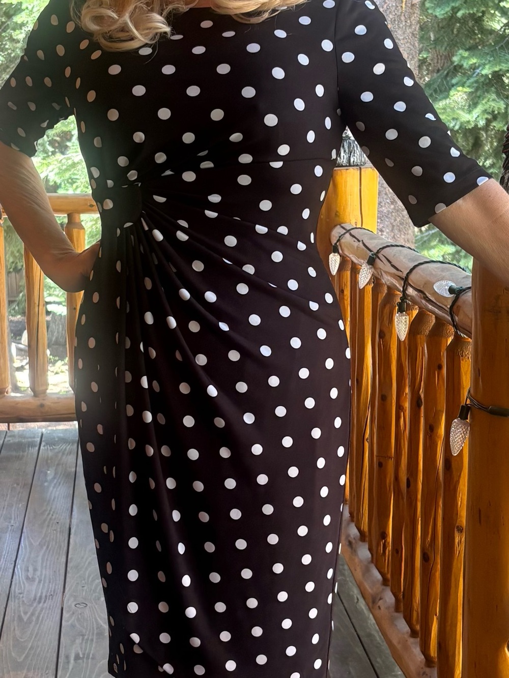 Black & White Polka Dot Midi Dress with Side Ruching